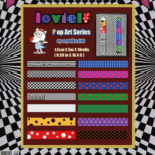lovielf Washi Tape Set Vintage Cute Retro Colored Polka Dot Pop Op Art Black and White Aesthetic | 14 Rolls, 15mm for Craft Gift Wrapping, Planner, Journaling, Scrapbooking (Op Art + Polka dot A)