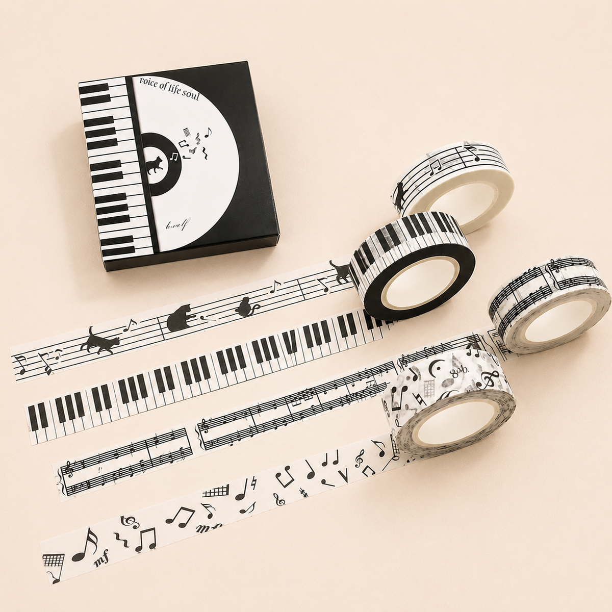 Black and White Piano Note Melody Keyboard Cat Staff Stave Score Music washi Tape