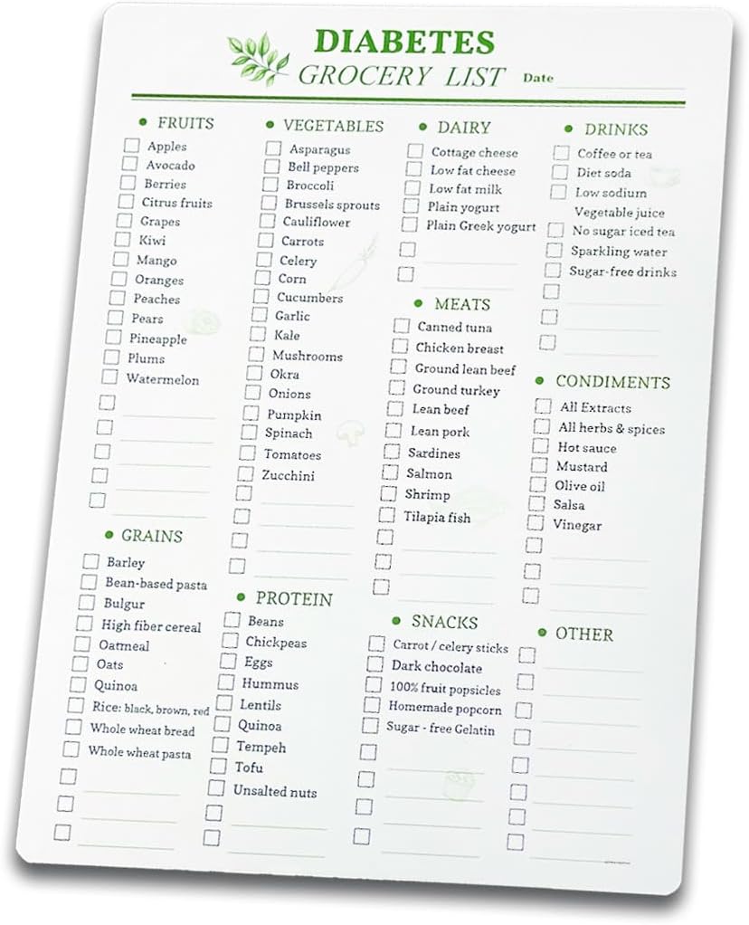 Reusable Diabetes Grocery Shopping List Food Chart & Meal Planner