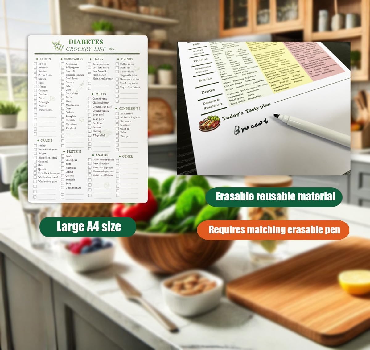 Reusable Diabetes Grocery Shopping List Food Chart & Meal Planner