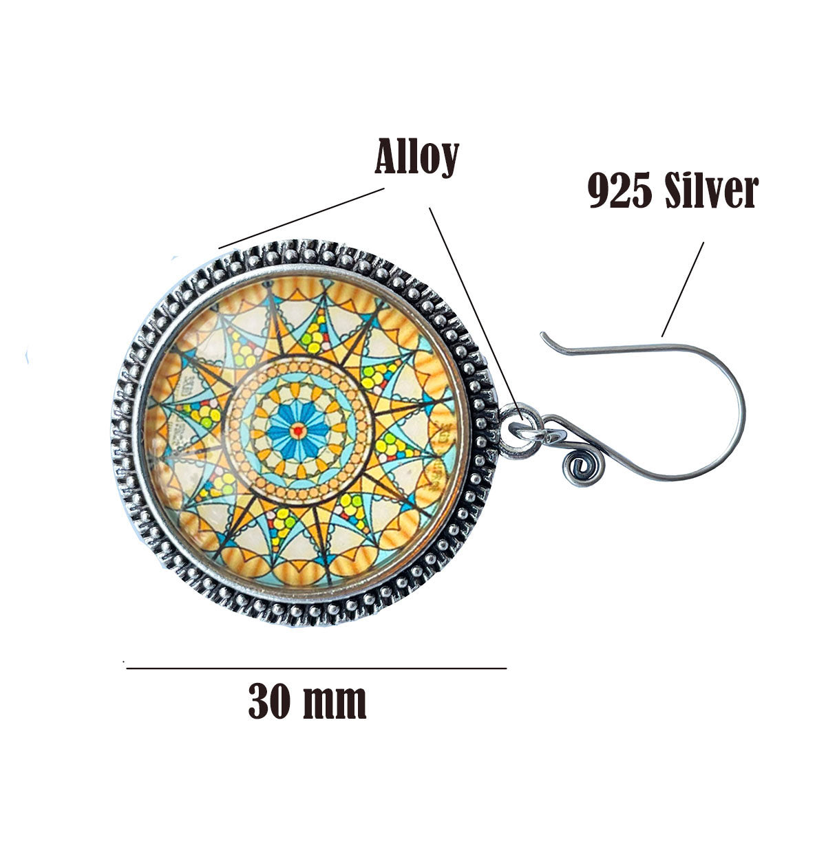 lovielf 925 Silver Portuguese Knitting Pin for Knitters with Teal Bohemian Mandala Van Gogh Design- Magnetic | 2 pcs (Mandala 2)