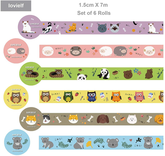 lovielf Cute Kawaii Cartoon Animal Owl Sheep Dog Cat Lesser Panda Bear Koala Pink Yellow Green Washi Tape | Set of 6 Rolls
