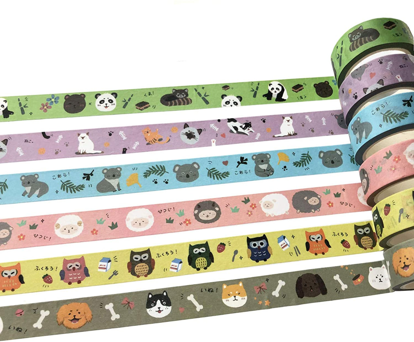 lovielf Cute Kawaii Cartoon Animal Owl Sheep Dog Cat Lesser Panda Bear Koala Pink Yellow Green Washi Tape | Set of 6 Rolls