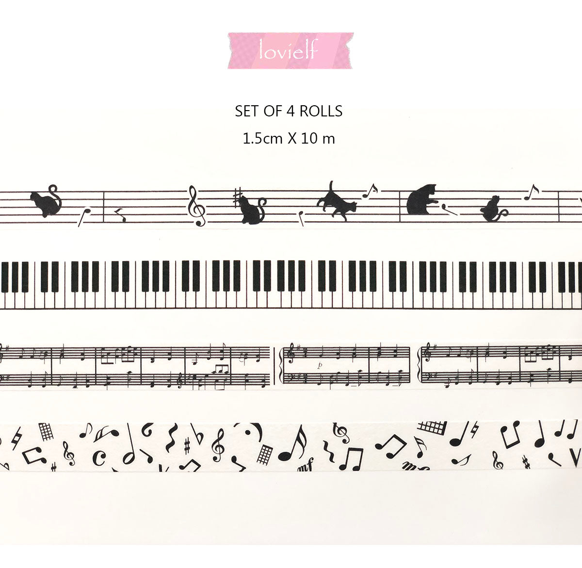 Black and White Piano Note Melody Keyboard Cat Staff Stave Score Music washi Tape