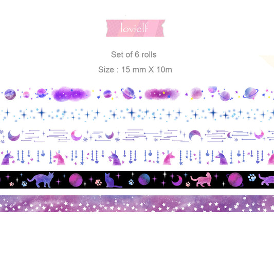 Galaxy Universe Starry Moon Star Unicorn Planet Cat Night washi Tape
