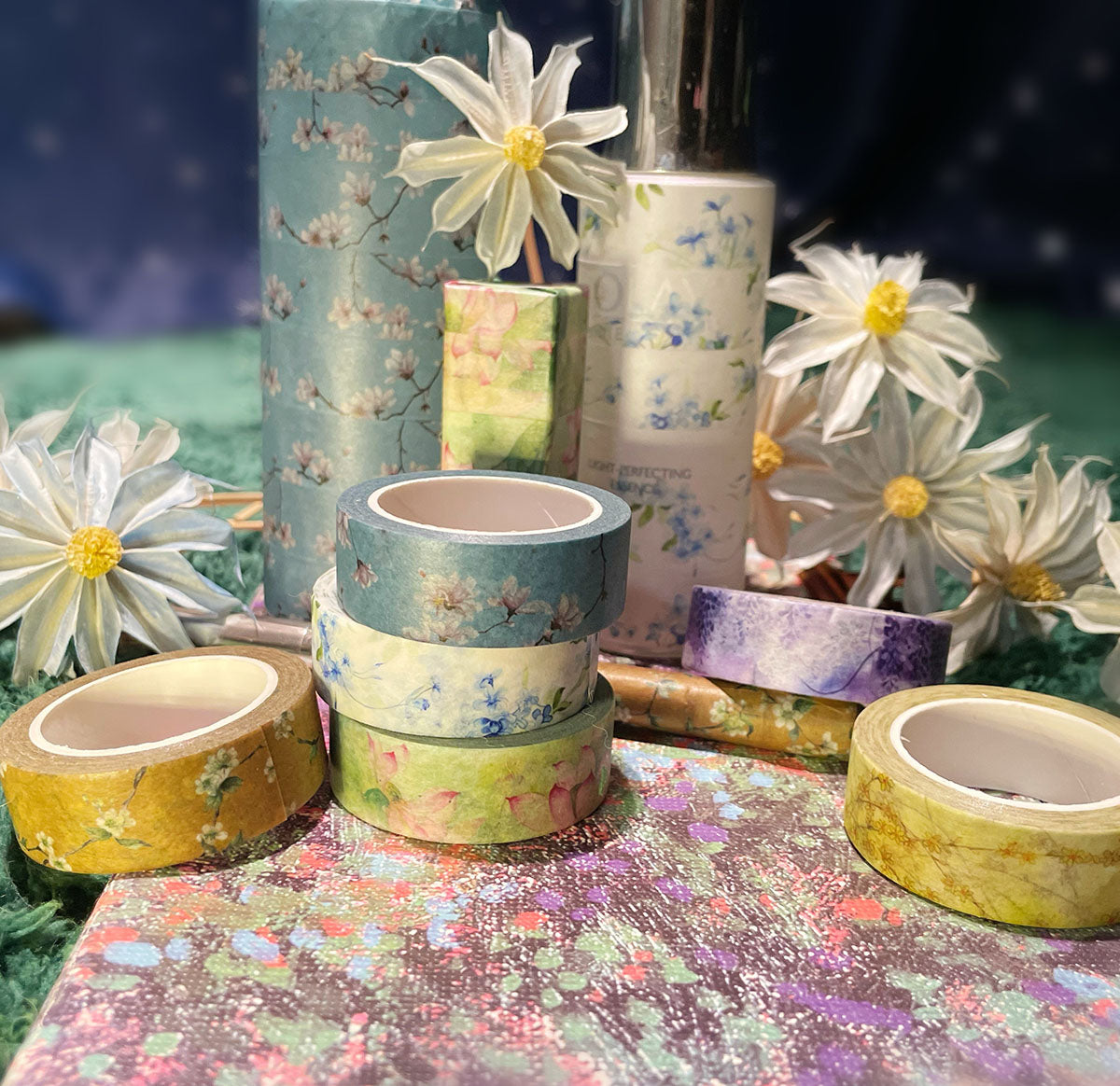 lovielf Floral Washi Tape Lotus Flower Pear Blossom Magnolia denudata Blue Leadwort Wisteria Jasmine | Set of 6 Rolls | Width : 15mm | for Artts and Crafts, DIY, Scrapbooks, Journaling, Gift Wrapping