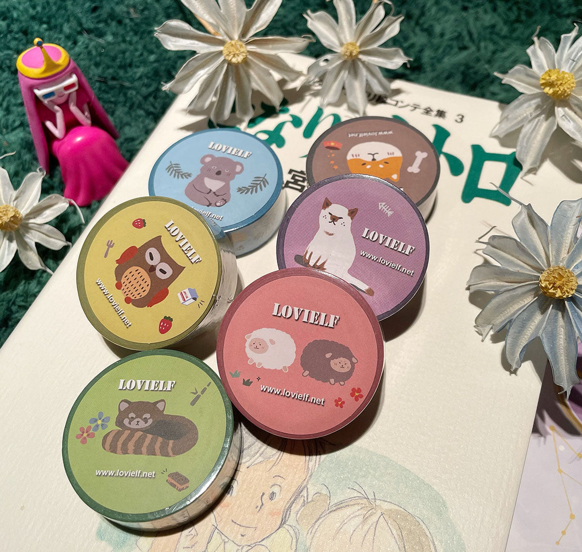 lovielf Cute Kawaii Cartoon Animal Owl Sheep Dog Cat Lesser Panda Bear Koala Pink Yellow Green Washi Tape | Set of 6 Rolls