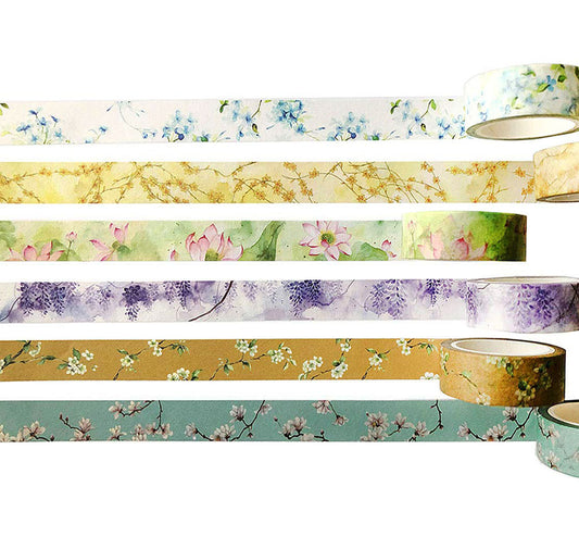 lovielf Soft Watercolor Aesthetic Vintage Classic Floral Flower Washi Tape Set of 6 Rolls |1.5mm X 7m (7.65 Yards) | for Art DIY Craft, Journaling, Gift Wrapping